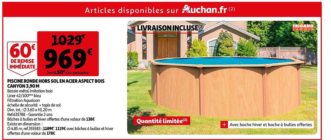 piscine ronde hors sol en acier aspect bois canyon 3,90 m