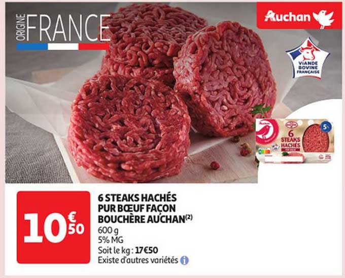 6 steaks hachés pur bœuf façon bouchère auchan