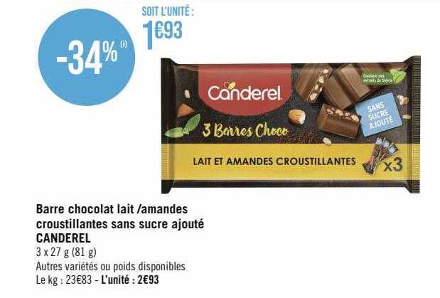 barre chocolat lait-amandes croustillantes sans sucre ajouté canderel