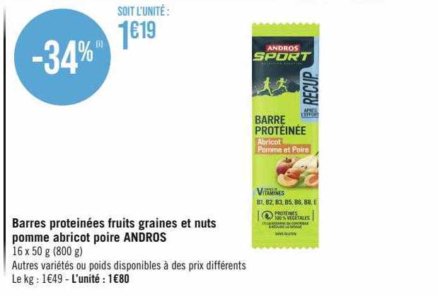 barres protéinées fruits graines et nuts pomme abricot poire andros