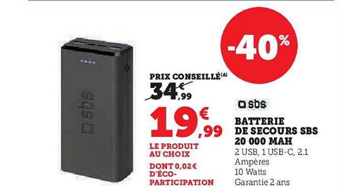 Batterie De Secours Sbs 20000 Mah