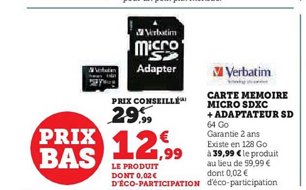 carte mémoire micro sdxc + adaptateur sd verbatim