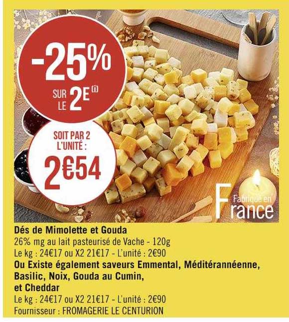 dés de mimolette et gouda ou existe également saveurs emmental, méditerranéenne, basilic, noix, gouda au cumin, et cheddar