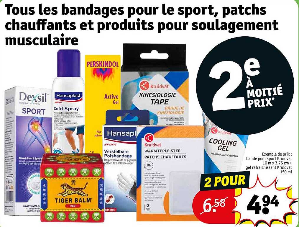 les bandages pour le sport, patchs chauffants et produits pour soulagement musculaire
