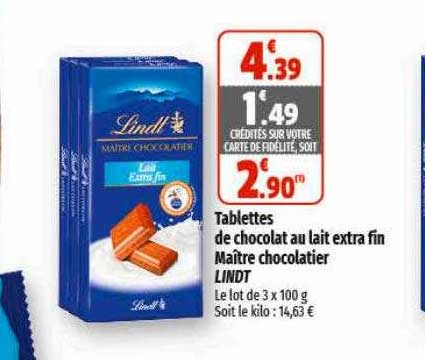 tablettes de chocolat au lait extra fin maître chocolatier lindt