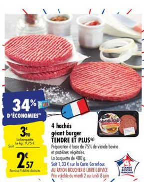 4 hachés géant burger tendre et plus 34% d'économies