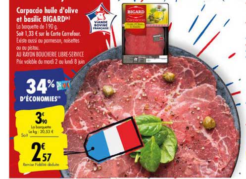 carpaccio huile d'olive et basilic bigard 34% d'économies