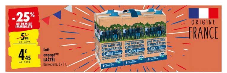 lait engagé lactel demi-écrémé -25% de remise immediate