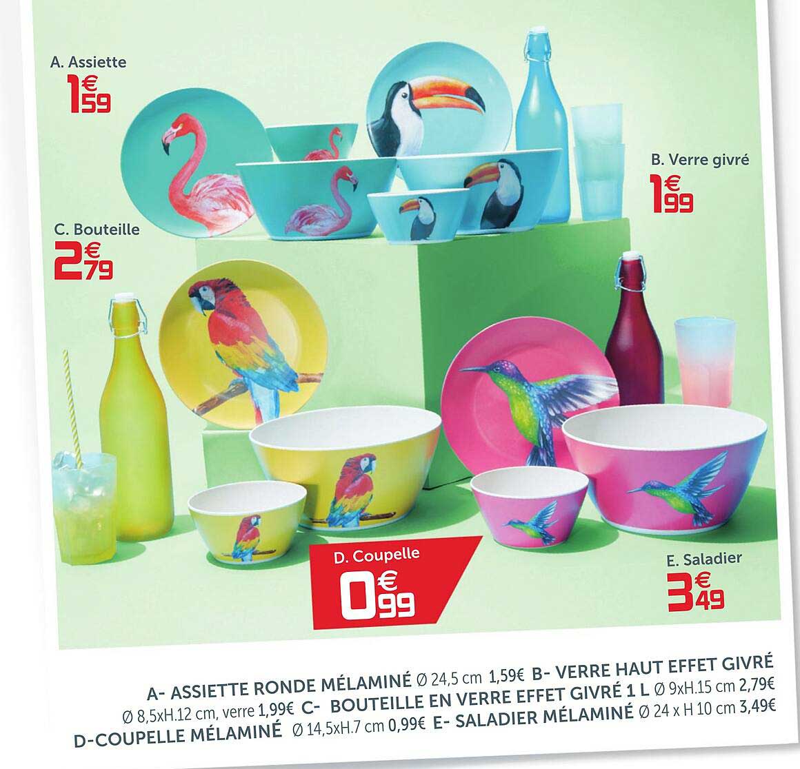 a- assiete ronde mélamine, b- verre haut effet givré, c- bouteille en verre efet givrv 1 l, d- coupelle mélaminé