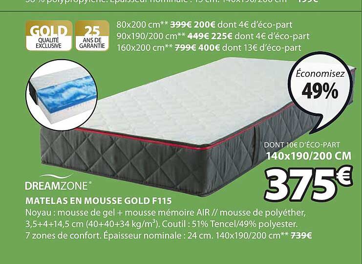 dreamzone matelas en mousse gold f115