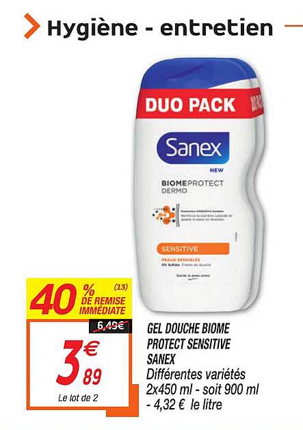 gel douche biome protect sensitive sanex 40% de remise immédiate