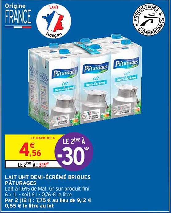 lait uht demi-écrémé briques pâturages