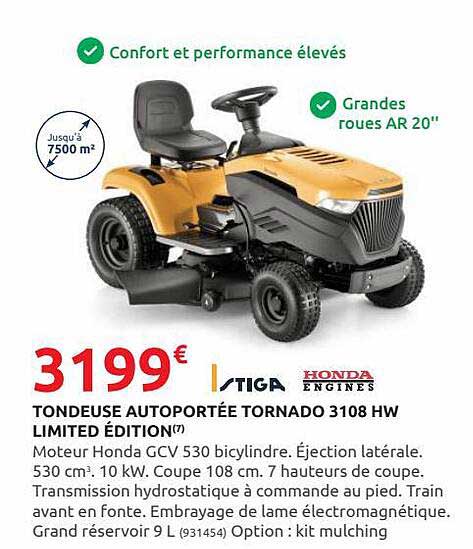 tondeuse autoportée tornado 3108 hw limited édition honda engine, tiga