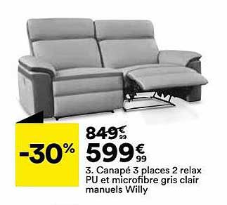 canapé 3 places 2 relax pu et microfibre gris clair manuels willy