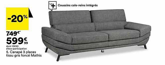 canapé 3 places tissu gris foncé mathis