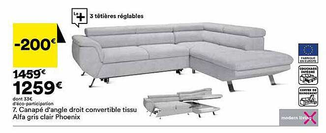 canapé d'angle droit convertible tissu alfa gris clair phoenix modern living