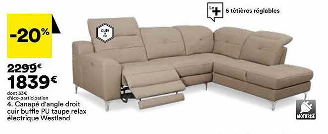 canapé d'angle droit cuir buffle pu taupe relax électrique westland