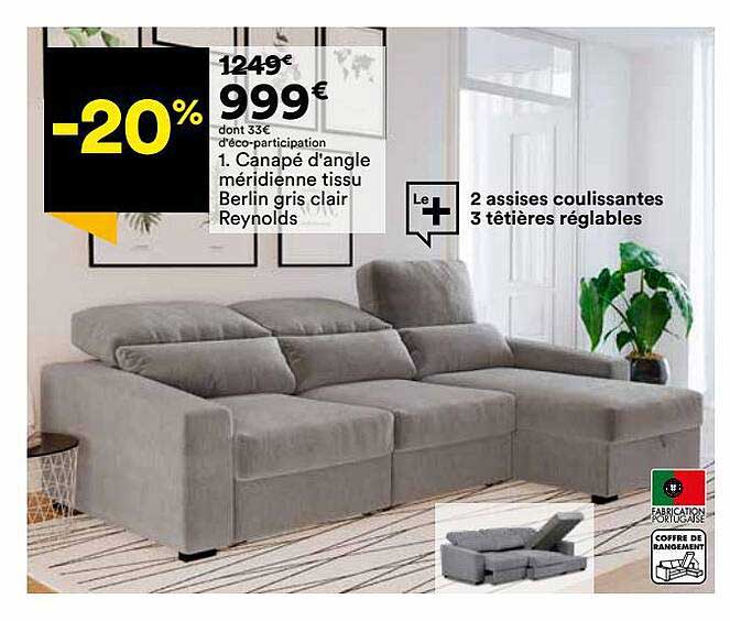 canapé d'angle méridienne tissu berlin gris clair reynolds