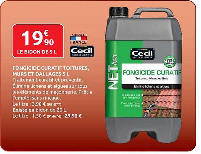 fongicide curatif toitures, murs et dallages 5l cecil