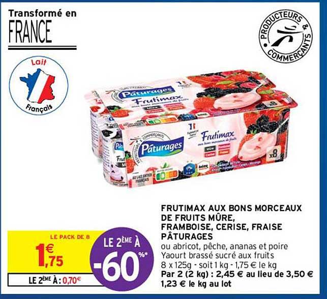 frutimax aux bons morceaux de fruits mûre, framboise, cerise, fraise pâturages