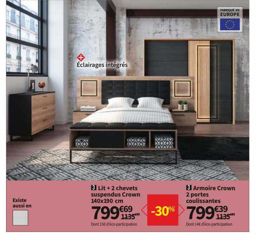 Lit + 2 Chevets Suspendu Crown 140 X 190 Cm, Armoire Crown 2 Portes Coulissantes