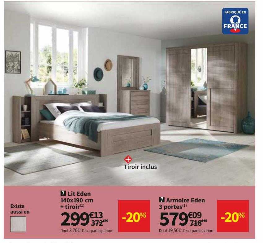 Lit Eden 140 X 190 Cm + 2 Tiroir, Armoire Eden 3 Portes