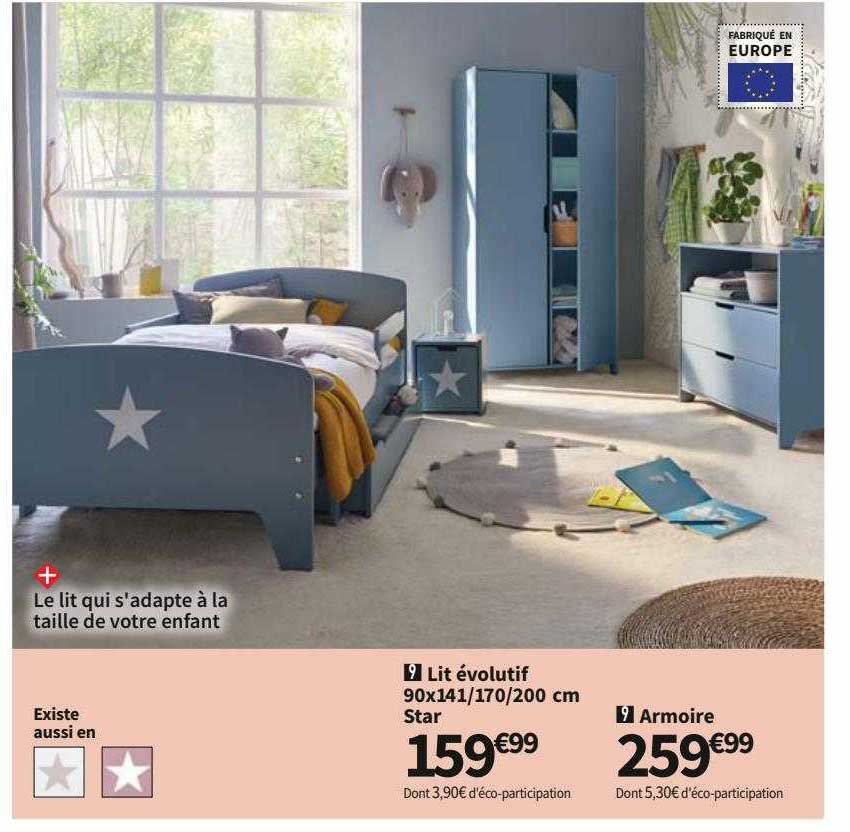 lit évolutif 90 x 141-170-200 cm, armoire