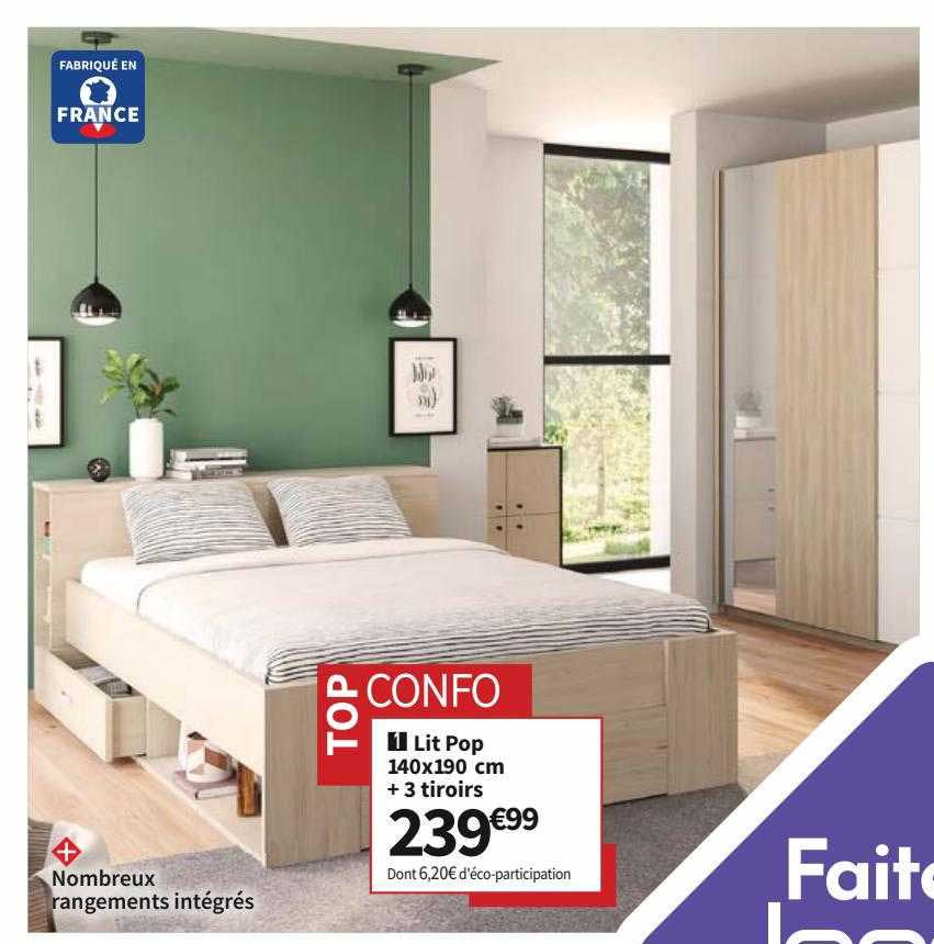 Lit Pop 140 X 190 Cm + 2 Tiroirs