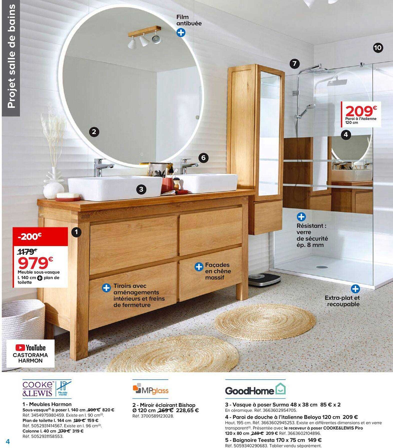 meuble harmon, miroir éclairant bishop ø 120 cm, vasque à poser surma 48 x 38 cm, paroi de douche à l'italienne beloya, baignoir teesta 170 x 175