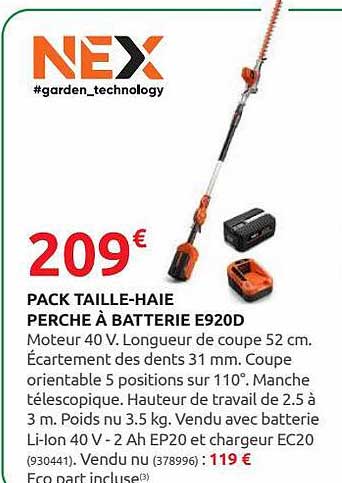 pack taille-haie perche à batterie e920d nex garden technology