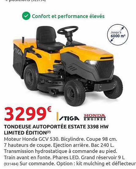 tondeuse autoportée estate 3398 hw limited édition tiga, honda engines