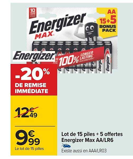 lot de 15 piles + 5 offertes energizer max aa-lr6