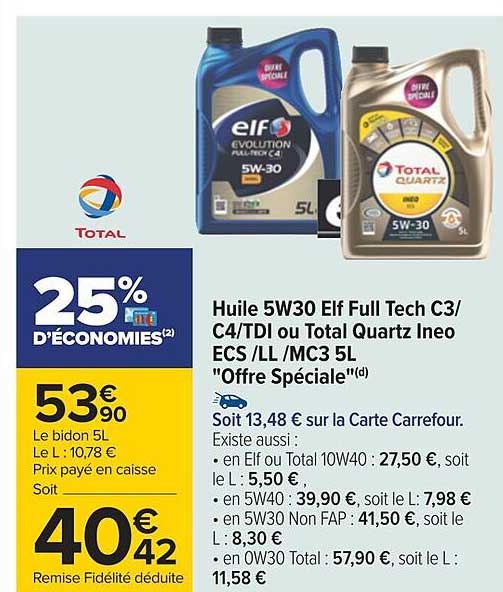 huile 5w30 elf full tech c3-c4-tdi ou total quartz ineo ecs-ll-mc3 5l "offre spéciale"