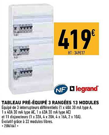 tableau pré équipé 3 rangées 13 modules nf legrand