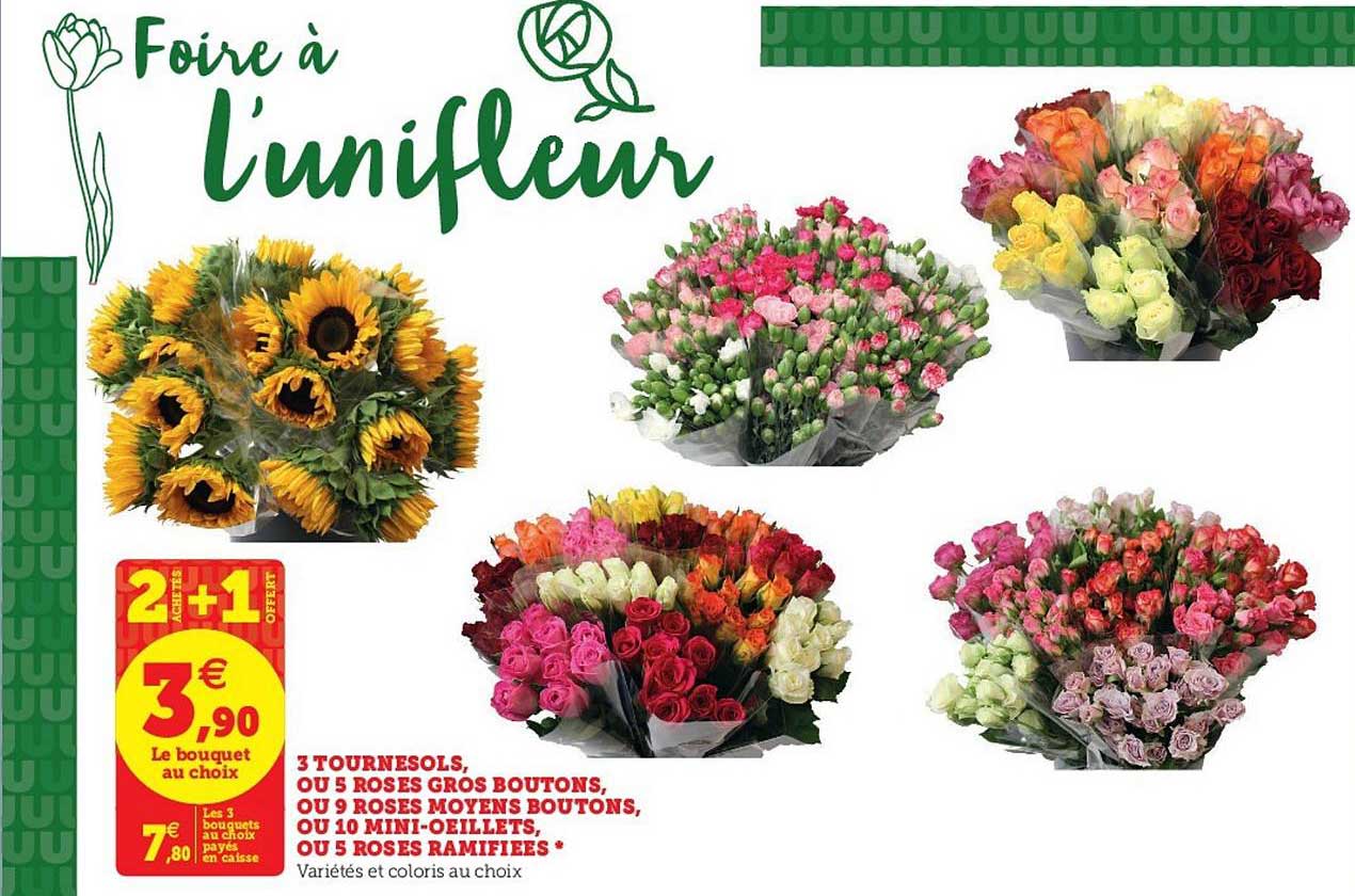 3 tournesols ou 5 roses gros boutons ou 9 roses moyens boutons ou 10 mini œillets ou 5 roses ramifiées