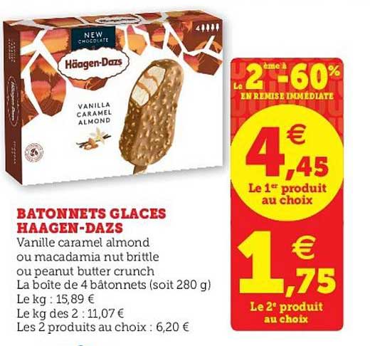 bâtonnets glacés haagen dazs le 2ème à -60% en remise immédiate