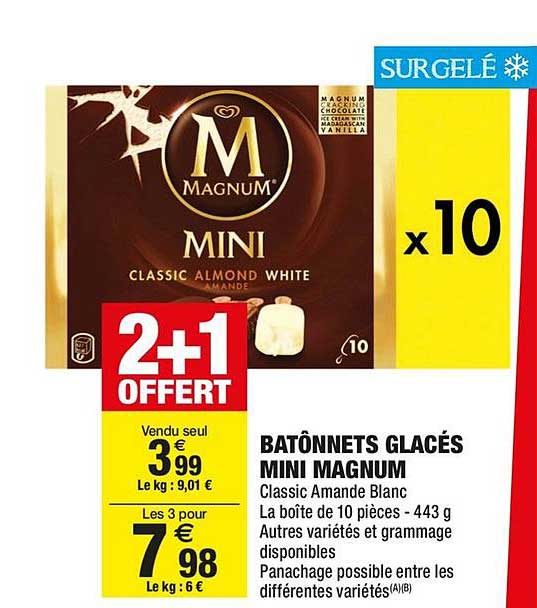 Bâtonnets Glacés Mini Magnum 2+1 Offert