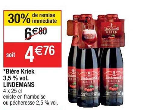 bière kriek 3.5% vol. lindemans 30% de remise immédiate