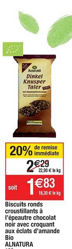 biscuits ronds croustillants à l'épeautre chocolat noir avec croquant aux éclats d'amande bio alnatura 20% de remise immédiate