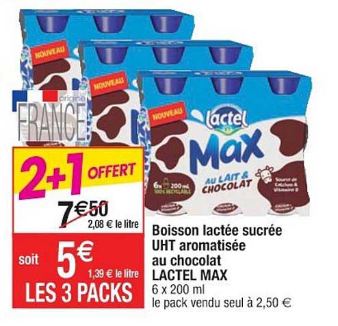 boisson lactée sucrée uht aromatisée lactel max 2+1 offert