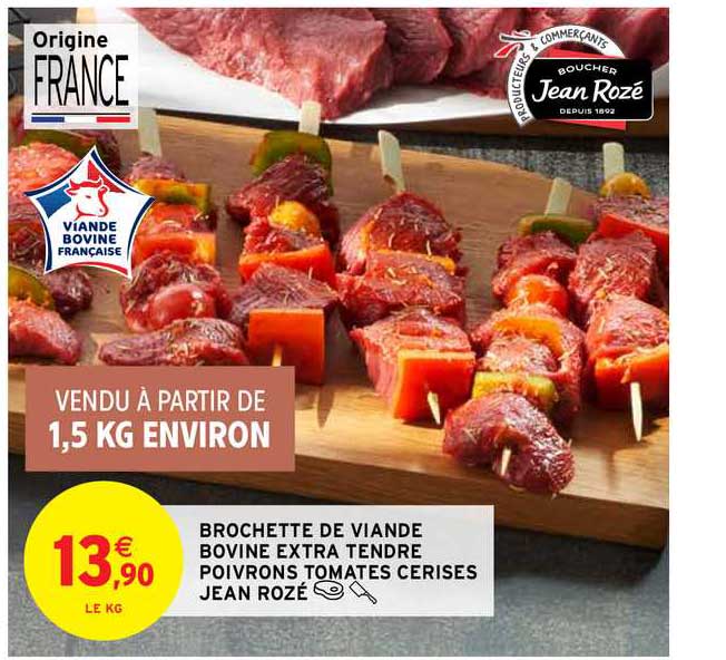 brochette de viande bovine extra tendre poivrons tomates cerises jean rozé