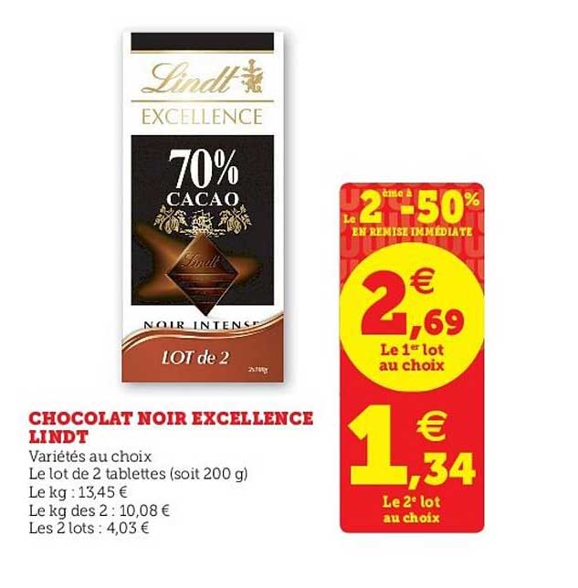 Chocolat Noir Excellence Lindt Le 2ème à -50% En Remise Immédiate