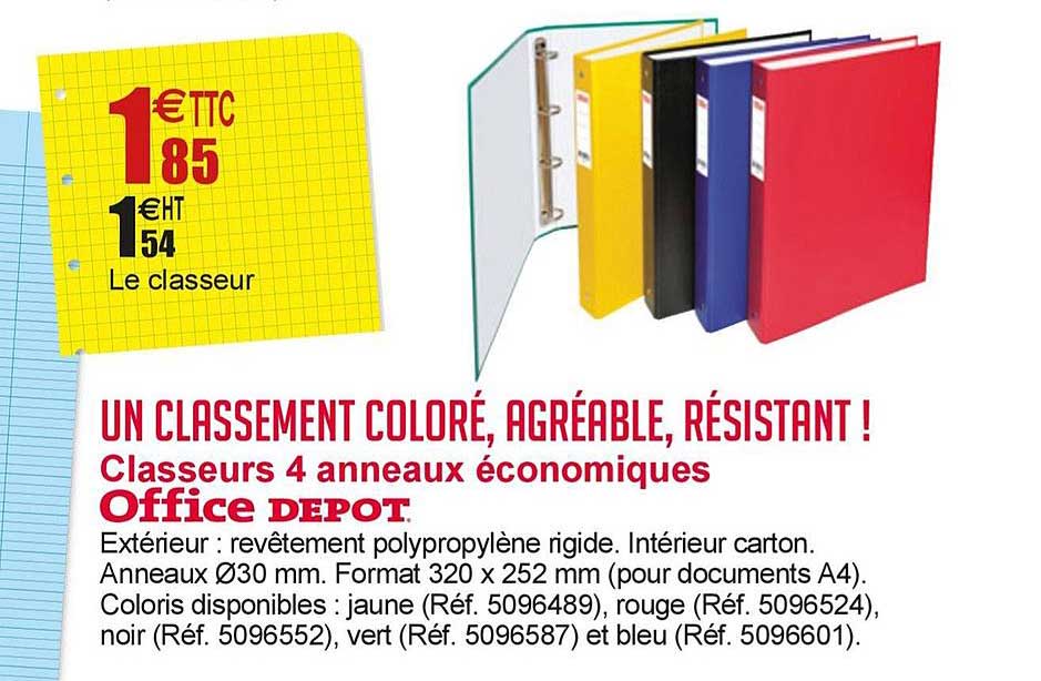 classeurs 4 anneaux économiques jaune rouge noir vert bleu