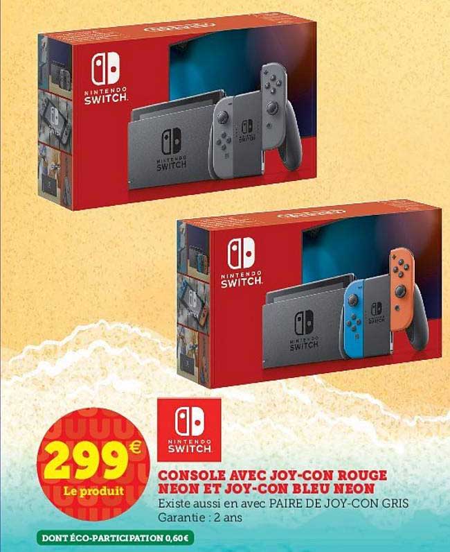 console avec joy con rouge néon et joy con bleu néon