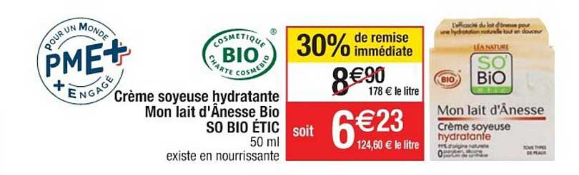crème soyeuse hydradante mon lait d'ânesse bio so bio étic 30% de remise immédiate