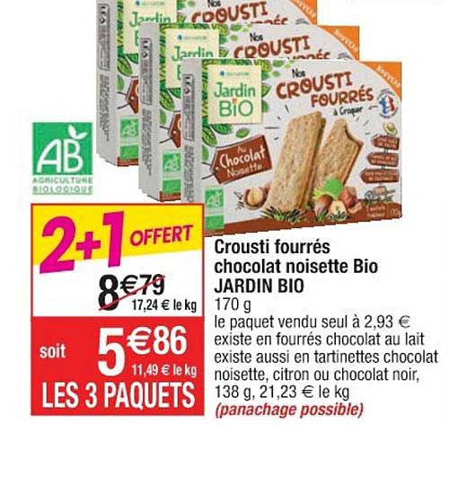 Crousti Fourrés Chocolat Noisette Bio Jardin Bio 2+1 Offert