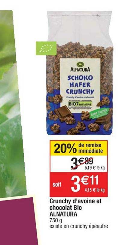 crunchy d'avoine et chocolat bio alnatura 20% de remise immédiate