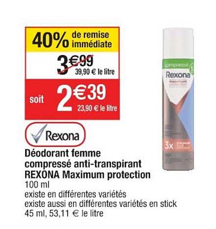 déodorant femme compressé anti transpirant rexona maximum protection 40% de remise immédiate