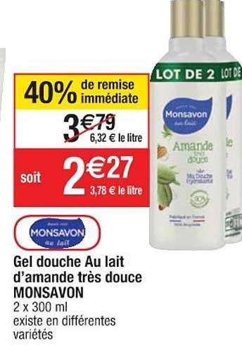 gel douche au lait d'amande très douce monsavon 40% de remise immédiate