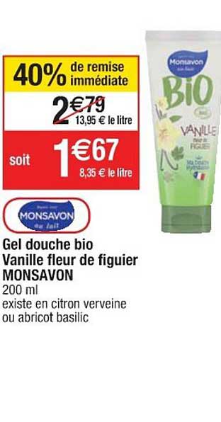 gel douche bio vanille fleur de figuier monsavon 40% de remise immédiate